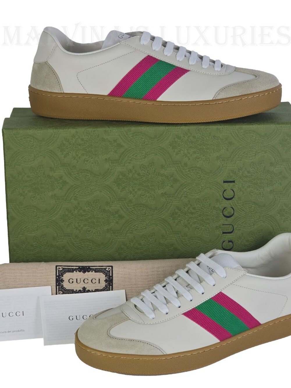 GUCCI SNEAKERS WHITE LEATHER PINK GREEN WEB STIPE LOW TOP SHOES